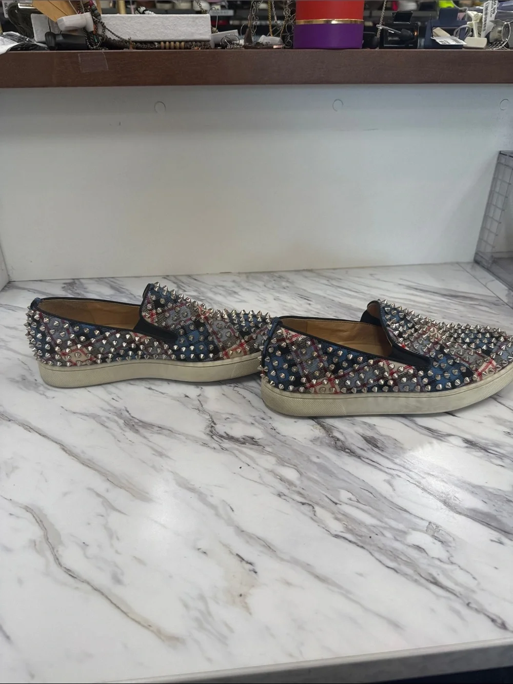 Christian Louboutin Blue Plaid Spike-Embellished Slip-Ons
